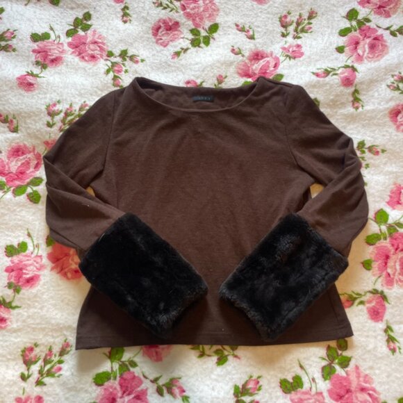 Y2K wool blend fur sleeve brown boatneck cropped sweater! - Picture 11 of 14